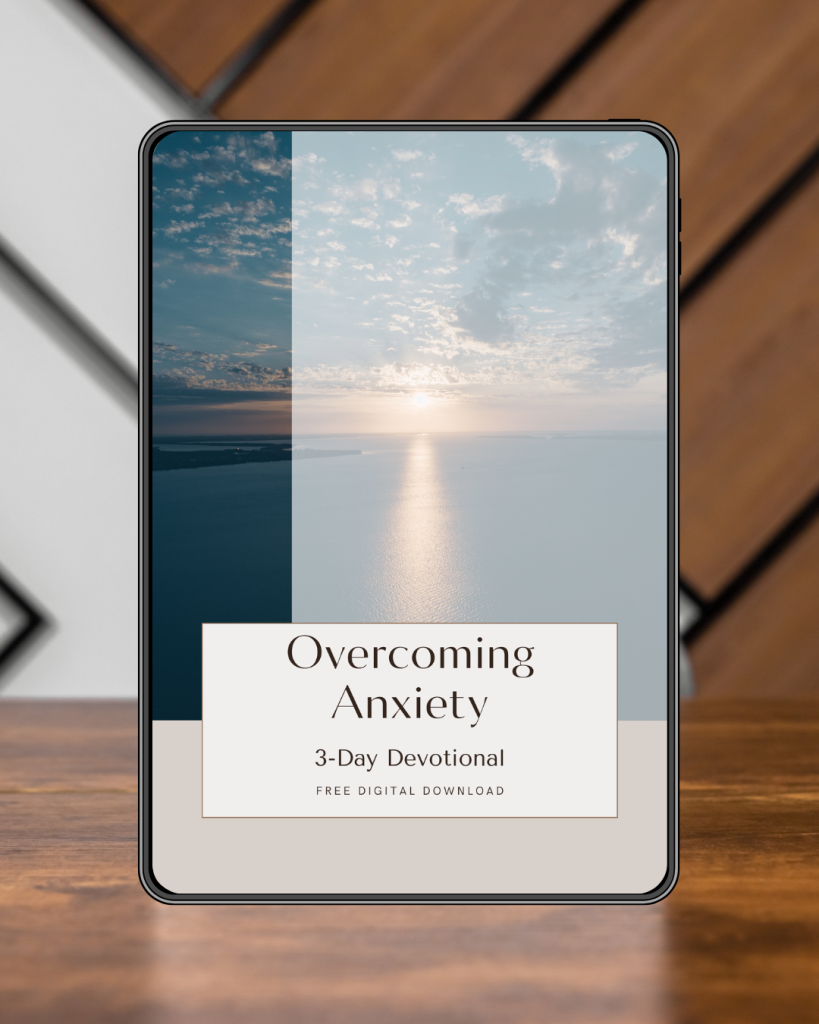 Digital mockup of the overcoming anxiety: 3-day devotional free Bible Study guide, featuring soft neutral tones and minimalist design from Adura Worship's The Living Well collection.