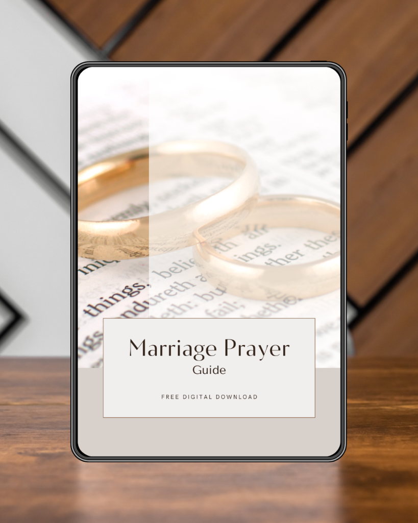 Digital mockup of the Marriage Prayer Guide devotional from Adura Worship's The Living Well collection, featuring elegant neutral tones and a faith-based design.