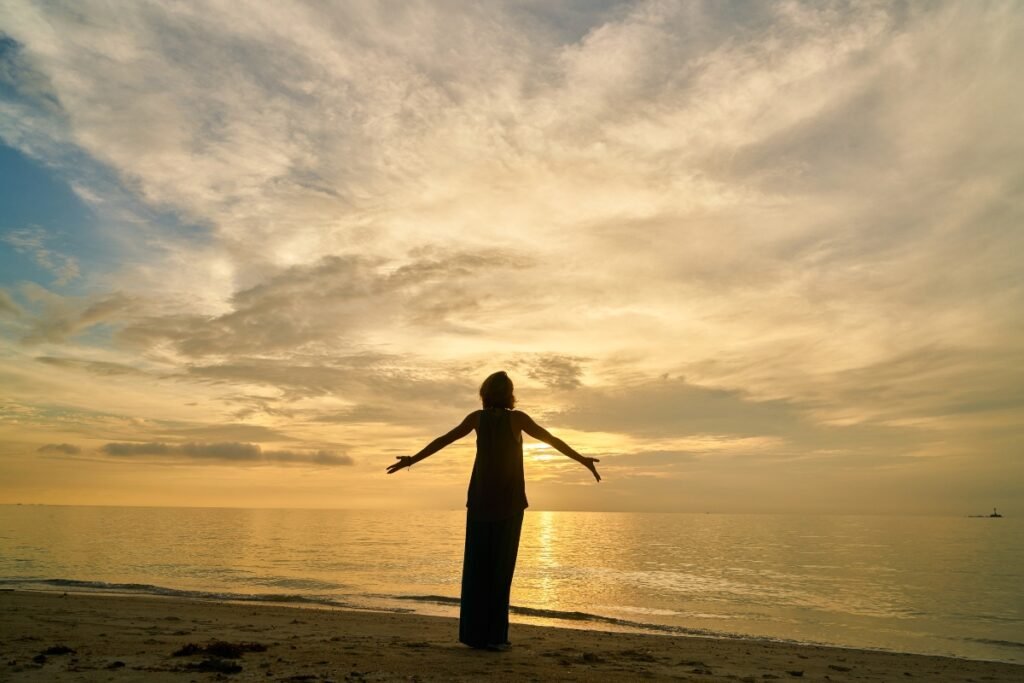 Woman finding peace and trust in faith.