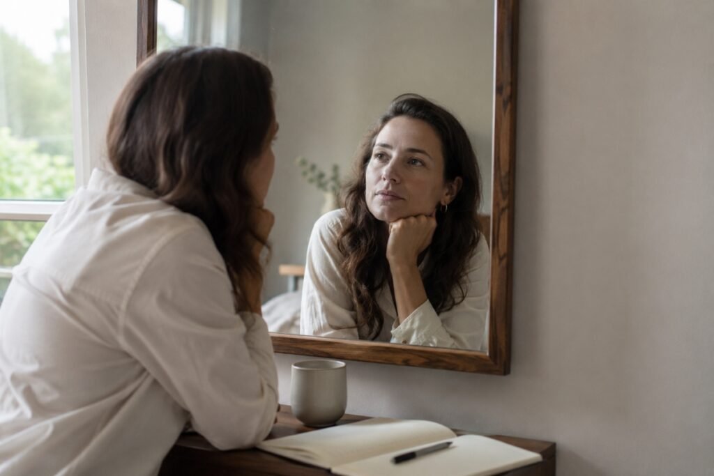 Woman looking at her reflection in a mirror.