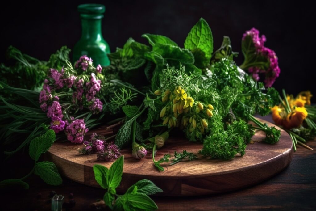 Fresh herbs and flowers arranged on a wooden board