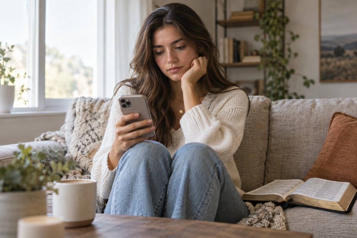 Woman sitting on a couch with her phone and an open Bible beside her