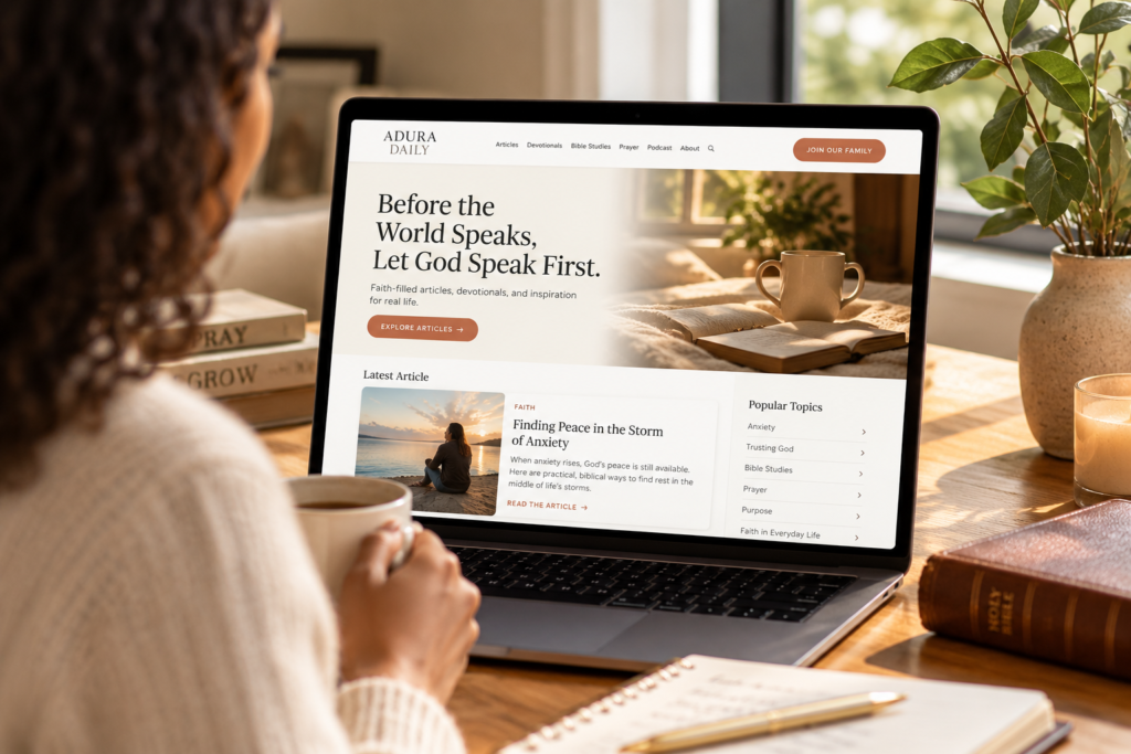 woman reading faith article on adura daily website