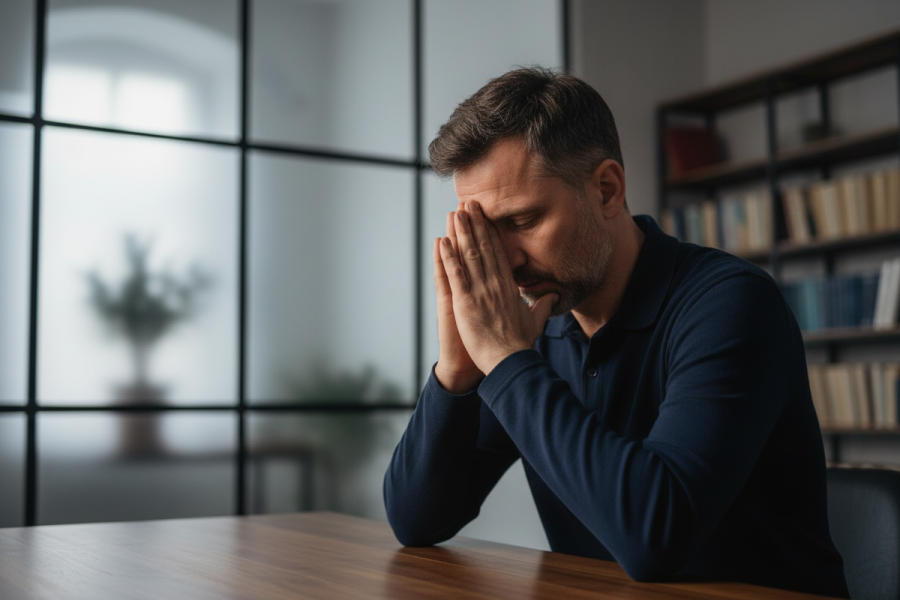 Man praying during emotional struggle.