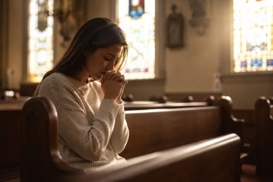 Woman praying in church.